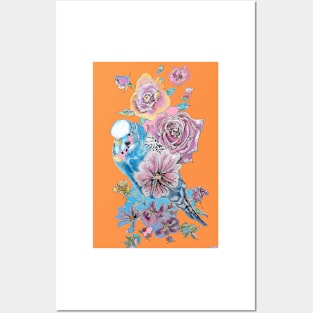 Blue Budgie and Rose Watercolor Painting on Orange Posters and Art